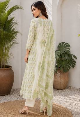 Off white cotton blend floral print kurta set 3