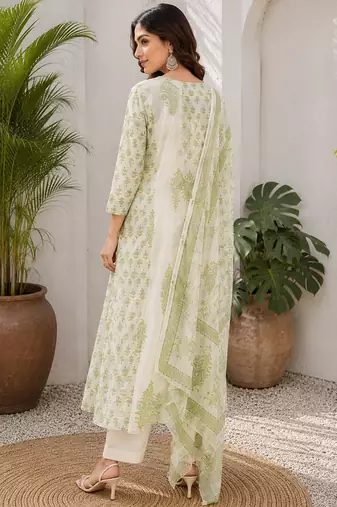 Off white cotton blend floral print kurta set