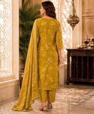 Mustard cotton blend floral print kurta set 5