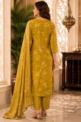 Mustard cotton blend floral print kurta set