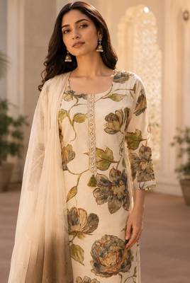 Beige cotton blend floral print kurta set 2