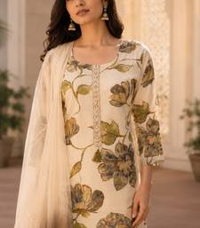 Beige cotton blend floral print kurta set