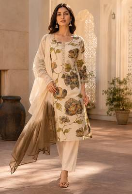 Beige cotton blend floral print kurta set 1
