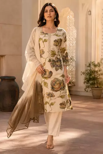 Beige cotton blend floral print kurta set