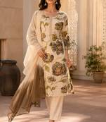 Beige cotton blend floral print kurta set