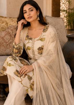 Beige cotton blend floral print kurta set 3