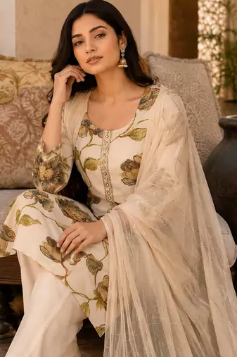 Beige cotton blend floral print kurta set