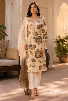 Beige cotton blend floral print kurta set 4