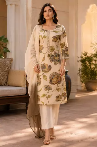Beige cotton blend floral print kurta set