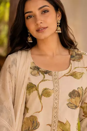 Beige cotton blend floral print kurta set