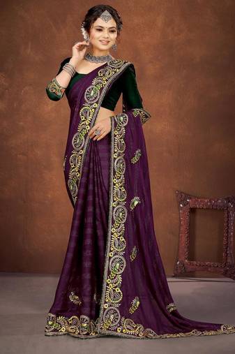 purple color georgette embroidered saree with un-stitched blouse