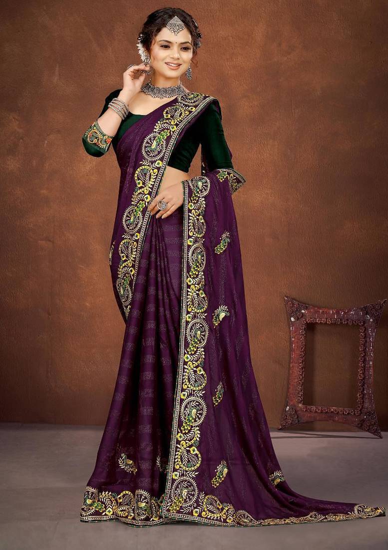 purple color georgette embroidered saree with un-stitched blouse
