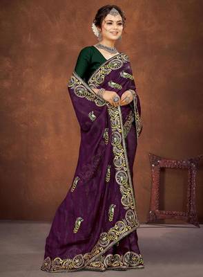 purple color georgette embroidered saree with un-stitched blouse 2