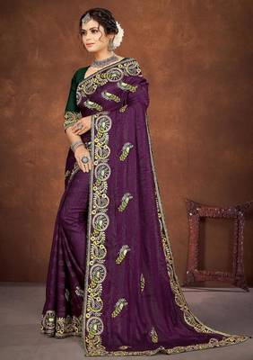 purple color georgette embroidered saree with un-stitched blouse 3