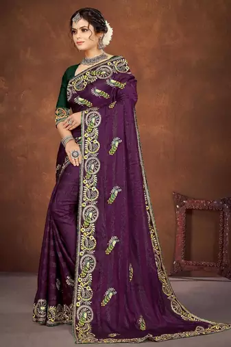 purple color georgette embroidered saree with un-stitched blouse