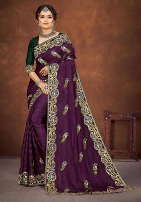 purple color georgette embroidered saree with un-stitched blouse 4