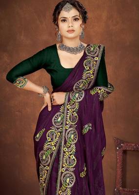purple color georgette embroidered saree with un-stitched blouse 5