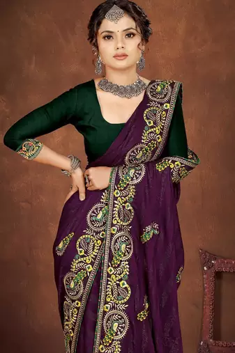 purple color georgette embroidered saree with un-stitched blouse