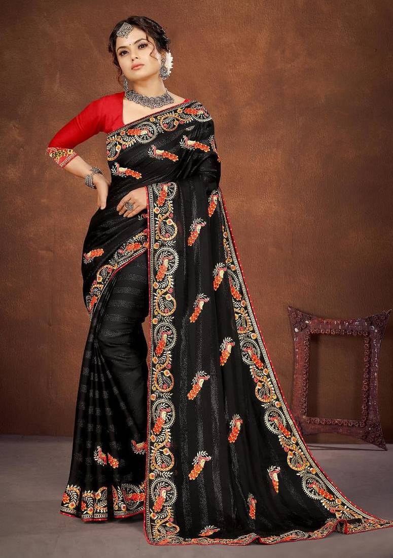 black color georgette embroidered saree with un-stitched blouse