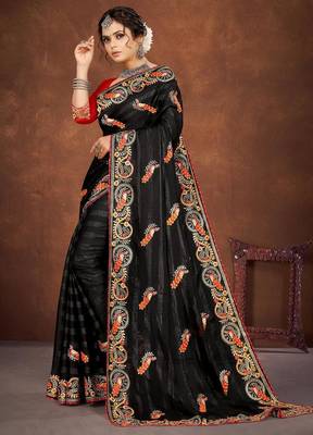 black color georgette embroidered saree with un-stitched blouse 2