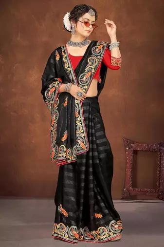 black color georgette embroidered saree with un-stitched blouse