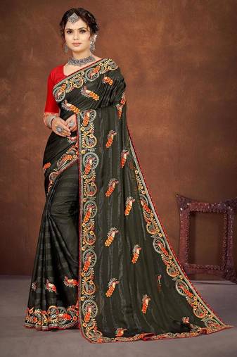 mehendi green color georgette embroidered saree with un-stitched blouse