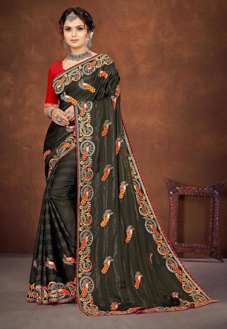 mehendi green color georgette embroidered saree with un-stitched blouse