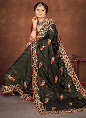 mehendi green color georgette embroidered saree with un-stitched blouse 2