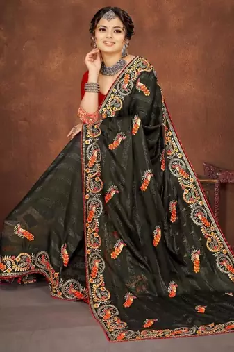 mehendi green color georgette embroidered saree with un-stitched blouse