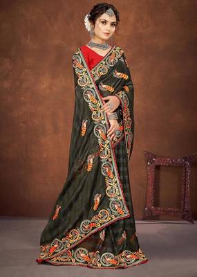 mehendi green color georgette embroidered saree with un-stitched blouse 3