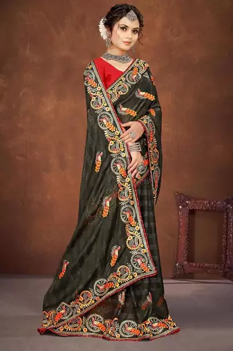 mehendi green color georgette embroidered saree with un-stitched blouse
