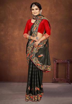 mehendi green color georgette embroidered saree with un-stitched blouse 4