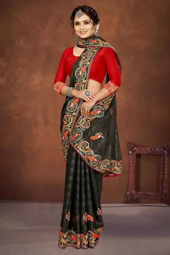 mehendi green color georgette embroidered saree with un-stitched blouse