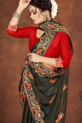 mehendi green color georgette embroidered saree with un-stitched blouse