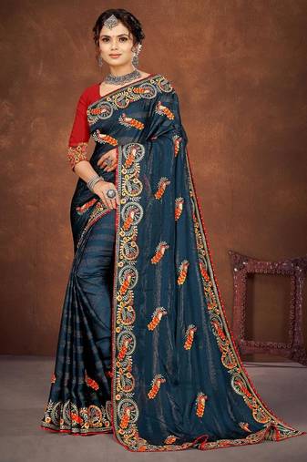 blue color georgette embroidered saree with un-stitched blouse