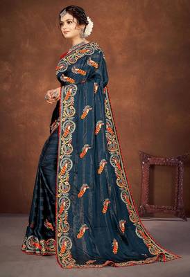 blue color georgette embroidered saree with un-stitched blouse 2