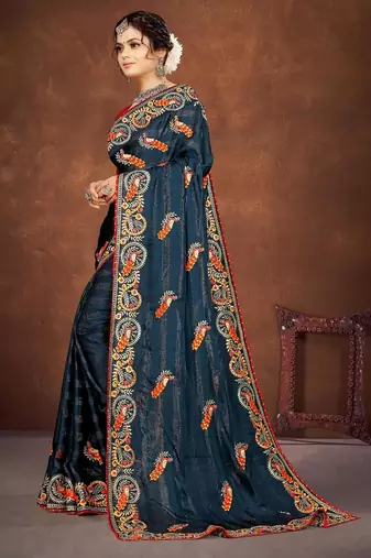 blue color georgette embroidered saree with un-stitched blouse