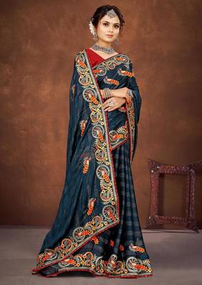 blue color georgette embroidered saree with un-stitched blouse 3