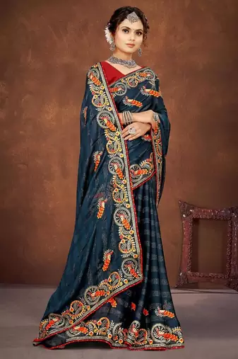 blue color georgette embroidered saree with un-stitched blouse