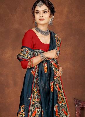 blue color georgette embroidered saree with un-stitched blouse 4