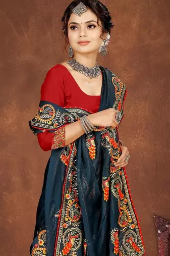 blue color georgette embroidered saree with un-stitched blouse