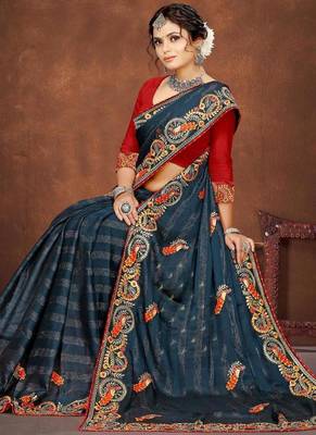 blue color georgette embroidered saree with un-stitched blouse 5