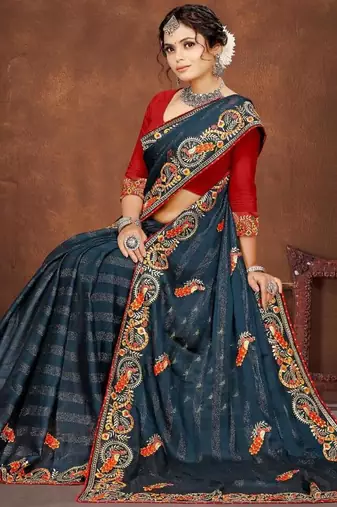 blue color georgette embroidered saree with un-stitched blouse