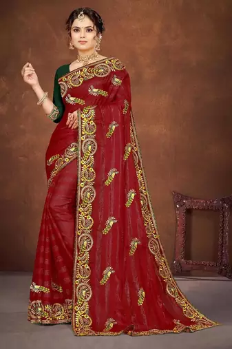 red color georgette embroidered saree with un-stitched blouse