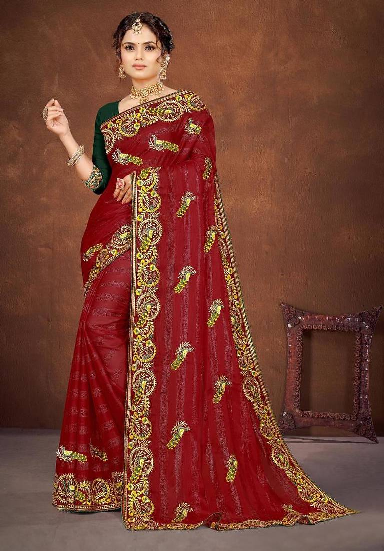 red color georgette embroidered saree with un-stitched blouse