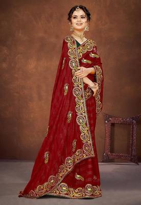 red color georgette embroidered saree with un-stitched blouse 3