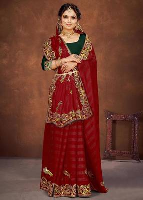 red color georgette embroidered saree with un-stitched blouse 5