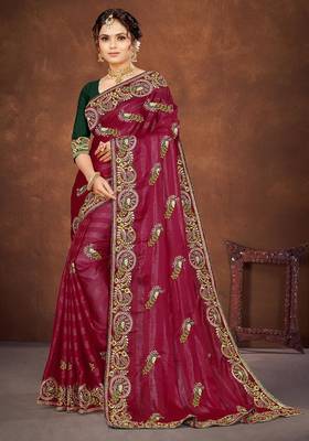 pink color georgette embroidered saree with un-stitched blouse 1