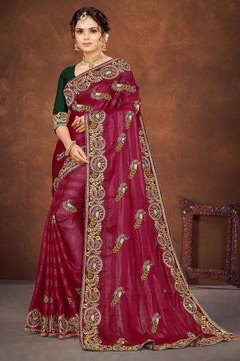 pink color georgette embroidered saree with un-stitched blouse