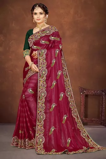 pink color georgette embroidered saree with un-stitched blouse